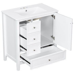 English Elm 30 Inch Freestanding Bathroom Vanity Solid Wood Ceramic Sink Three Drawers Storage White N725P467395K