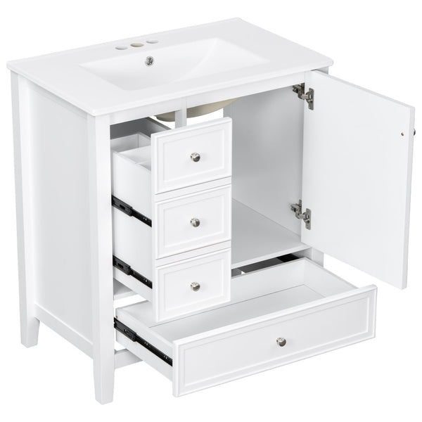 English Elm 30 Inch Freestanding Bathroom Vanity Solid Wood Ceramic Sink Three Drawers Storage White N725P467395K