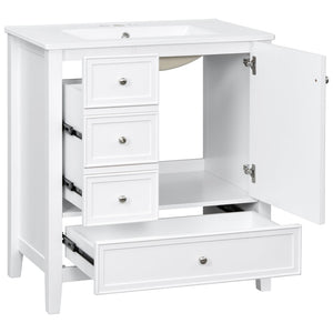 English Elm 30 Inch Freestanding Bathroom Vanity Solid Wood Ceramic Sink Three Drawers Storage White N725P467395K