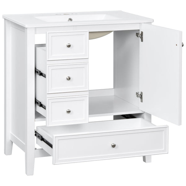 English Elm 30 Inch Freestanding Bathroom Vanity Solid Wood Ceramic Sink Three Drawers Storage White N725P467395K