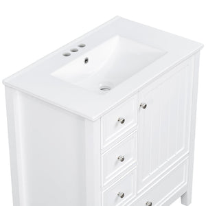 English Elm 30 Inch Freestanding Bathroom Vanity Solid Wood Ceramic Sink Three Drawers Storage White N725P467395K