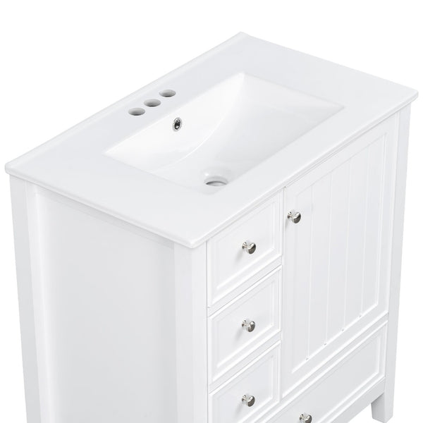 English Elm 30 Inch Freestanding Bathroom Vanity Solid Wood Ceramic Sink Three Drawers Storage White N725P467395K