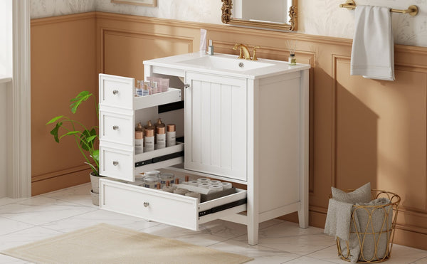English Elm 30 Inch Freestanding Bathroom Vanity Solid Wood Ceramic Sink Three Drawers Storage White N725P467395K