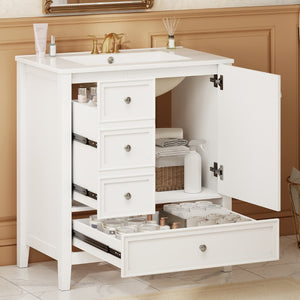 English Elm 30 Inch Freestanding Bathroom Vanity Solid Wood Ceramic Sink Three Drawers Storage White N725P467395K