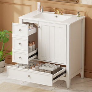 English Elm 30 Inch Freestanding Bathroom Vanity Solid Wood Ceramic Sink Three Drawers Storage White N725P467395K