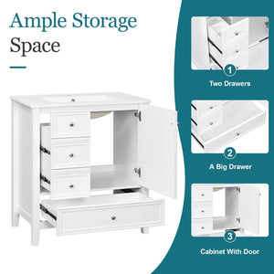 English Elm 30 Inch Freestanding Bathroom Vanity Solid Wood Ceramic Sink Three Drawers Storage White N725P467395K
