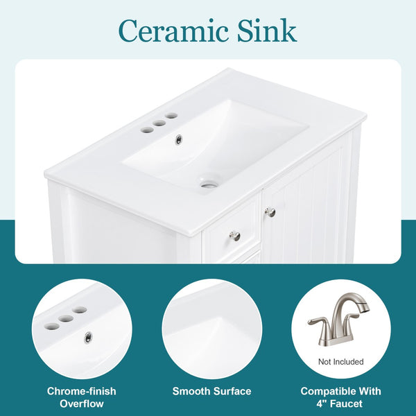 English Elm 30 Inch Freestanding Bathroom Vanity Solid Wood Ceramic Sink Three Drawers Storage White N725P467395K