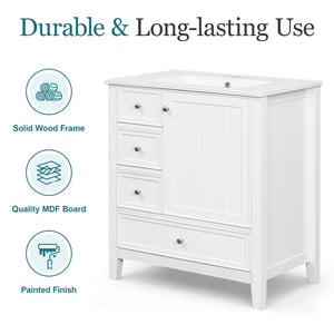 English Elm 30 Inch Freestanding Bathroom Vanity Solid Wood Ceramic Sink Three Drawers Storage White N725P467395K