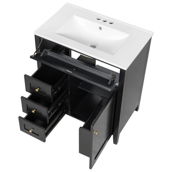 English Elm 30-Inch Freestanding Bathroom Vanity with Ceramic Sink MDF Cabinet and Rubberwood Legs Black N725P467399B