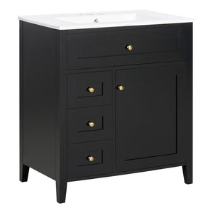 English Elm 30-Inch Freestanding Bathroom Vanity with Ceramic Sink MDF Cabinet and Rubberwood Legs Black N725P467399B