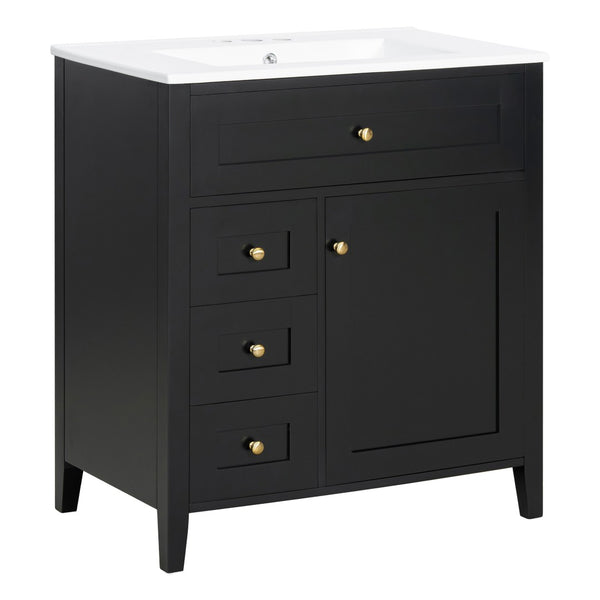 English Elm 30-Inch Freestanding Bathroom Vanity with Ceramic Sink MDF Cabinet and Rubberwood Legs Black N725P467399B