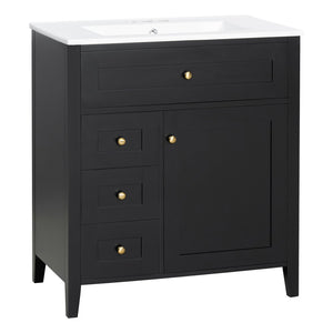 English Elm 30-Inch Freestanding Bathroom Vanity with Ceramic Sink MDF Cabinet and Rubberwood Legs Black N725P467399B