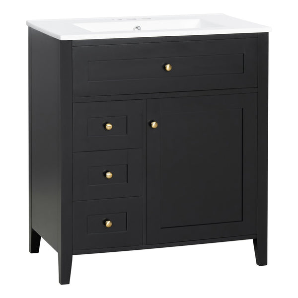 English Elm 30-Inch Freestanding Bathroom Vanity with Ceramic Sink MDF Cabinet and Rubberwood Legs Black N725P467399B
