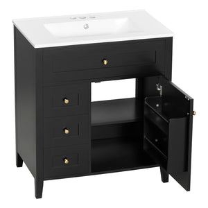 English Elm 30-Inch Freestanding Bathroom Vanity with Ceramic Sink MDF Cabinet and Rubberwood Legs Black N725P467399B