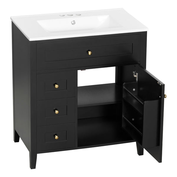 English Elm 30-Inch Freestanding Bathroom Vanity with Ceramic Sink MDF Cabinet and Rubberwood Legs Black N725P467399B