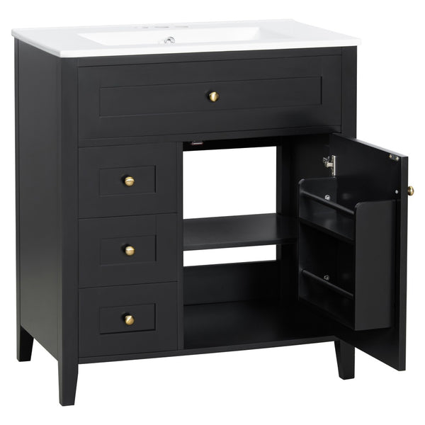 English Elm 30-Inch Freestanding Bathroom Vanity with Ceramic Sink MDF Cabinet and Rubberwood Legs Black N725P467399B