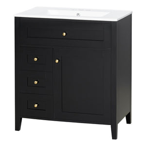 English Elm 30-Inch Freestanding Bathroom Vanity with Ceramic Sink MDF Cabinet and Rubberwood Legs Black N725P467399B