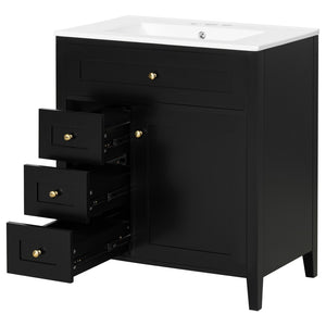 English Elm 30-Inch Freestanding Bathroom Vanity with Ceramic Sink MDF Cabinet and Rubberwood Legs Black N725P467399B