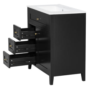 English Elm 30-Inch Freestanding Bathroom Vanity with Ceramic Sink MDF Cabinet and Rubberwood Legs Black N725P467399B
