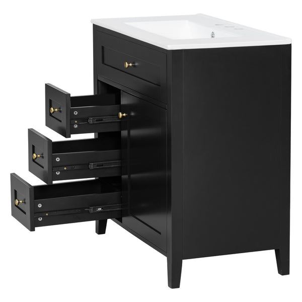 English Elm 30-Inch Freestanding Bathroom Vanity with Ceramic Sink MDF Cabinet and Rubberwood Legs Black N725P467399B