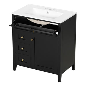 English Elm 30-Inch Freestanding Bathroom Vanity with Ceramic Sink MDF Cabinet and Rubberwood Legs Black N725P467399B