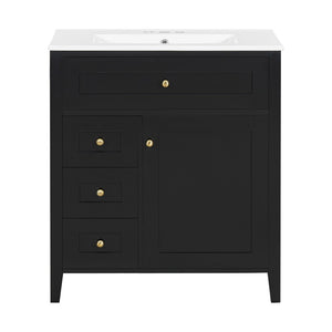 English Elm 30-Inch Freestanding Bathroom Vanity with Ceramic Sink MDF Cabinet and Rubberwood Legs Black N725P467399B
