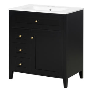 English Elm 30-Inch Freestanding Bathroom Vanity with Ceramic Sink MDF Cabinet and Rubberwood Legs Black N725P467399B