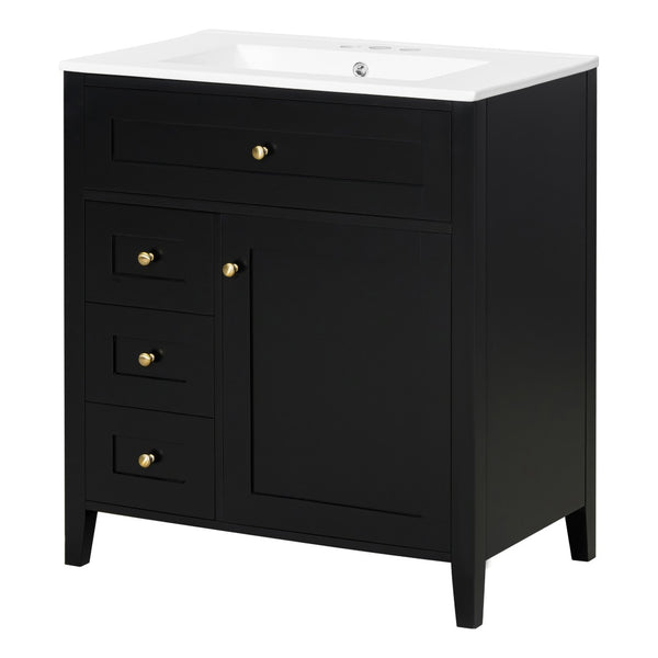 English Elm 30-Inch Freestanding Bathroom Vanity with Ceramic Sink MDF Cabinet and Rubberwood Legs Black N725P467399B