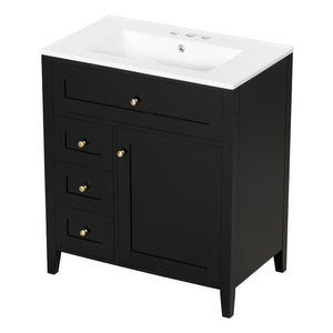 English Elm 30-Inch Freestanding Bathroom Vanity with Ceramic Sink MDF Cabinet and Rubberwood Legs Black N725P467399B