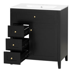 English Elm 30-Inch Freestanding Bathroom Vanity with Ceramic Sink MDF Cabinet and Rubberwood Legs Black N725P467399B