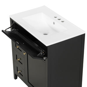 English Elm 30-Inch Freestanding Bathroom Vanity with Ceramic Sink MDF Cabinet and Rubberwood Legs Black N725P467399B