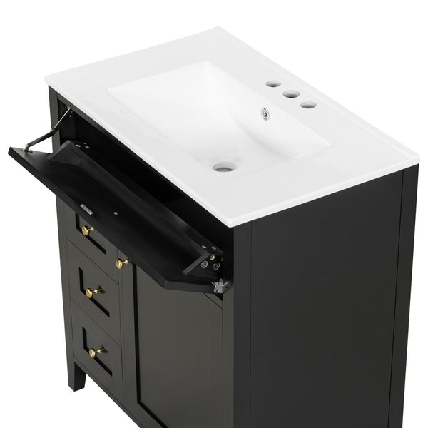 English Elm 30-Inch Freestanding Bathroom Vanity with Ceramic Sink MDF Cabinet and Rubberwood Legs Black N725P467399B
