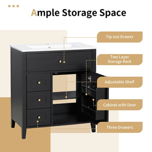English Elm 30-Inch Freestanding Bathroom Vanity with Ceramic Sink MDF Cabinet and Rubberwood Legs Black N725P467399B
