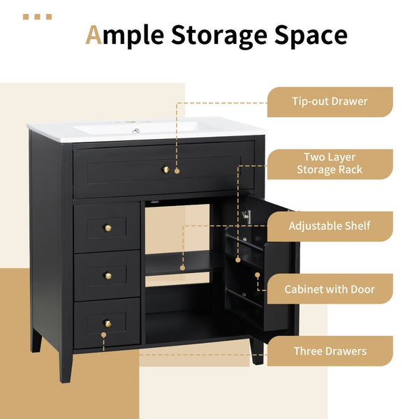 English Elm 30-Inch Freestanding Bathroom Vanity with Ceramic Sink MDF Cabinet and Rubberwood Legs Black N725P467399B