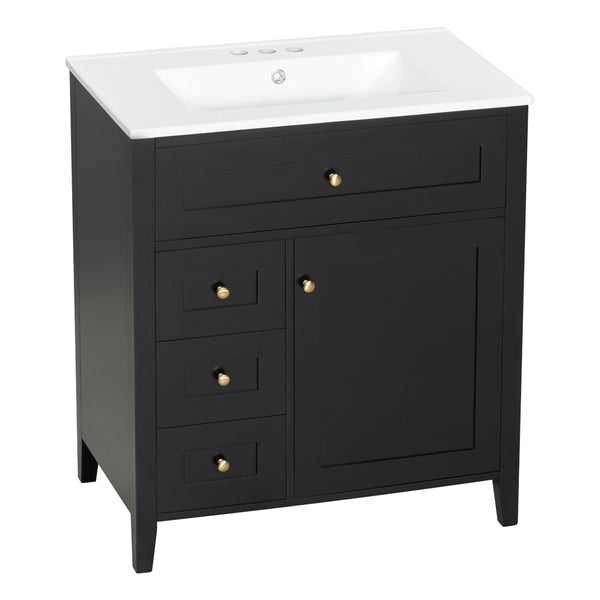 English Elm 30-Inch Freestanding Bathroom Vanity with Ceramic Sink MDF Cabinet and Rubberwood Legs Black N725P467399B