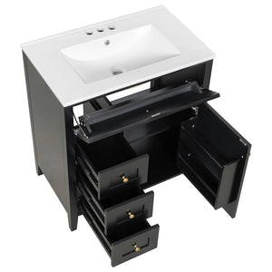 English Elm 30-Inch Freestanding Bathroom Vanity with Ceramic Sink MDF Cabinet and Rubberwood Legs Black N725P467399B