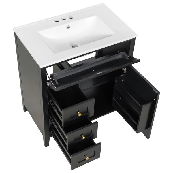 English Elm 30-Inch Freestanding Bathroom Vanity with Ceramic Sink MDF Cabinet and Rubberwood Legs Black N725P467399B