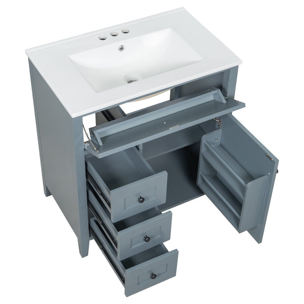 English Elm 30-Inch Freestanding Bathroom Vanity with Ceramic Sink MDF Cabinet and Rubberwood Legs Blue Gray N725P467399E