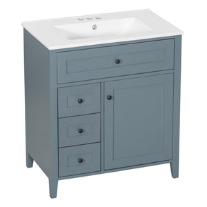 English Elm 30-Inch Freestanding Bathroom Vanity with Ceramic Sink MDF Cabinet and Rubberwood Legs Blue Gray N725P467399E