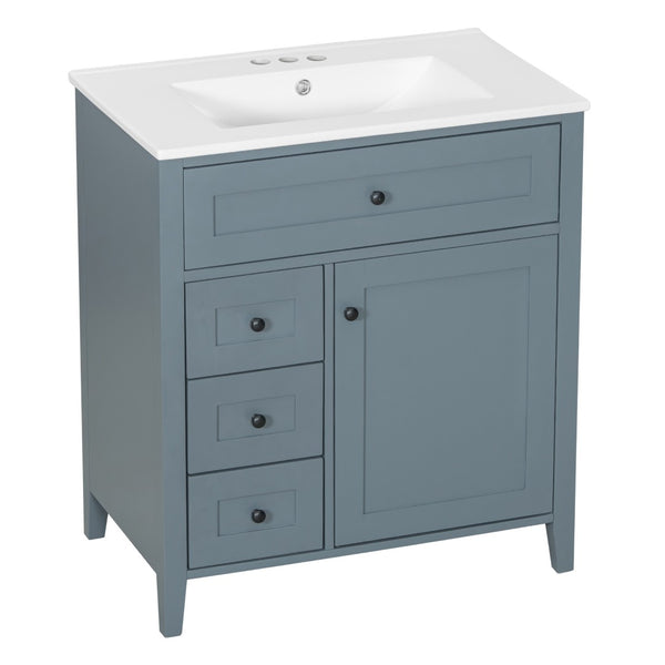 English Elm 30-Inch Freestanding Bathroom Vanity with Ceramic Sink MDF Cabinet and Rubberwood Legs Blue Gray N725P467399E