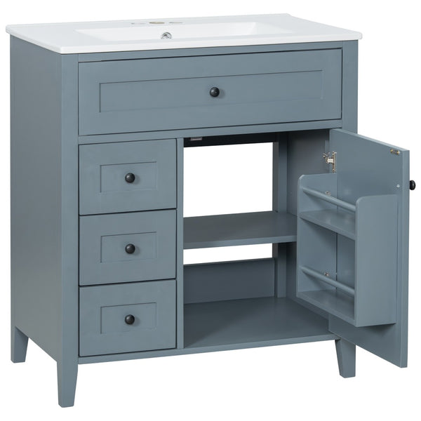 English Elm 30-Inch Freestanding Bathroom Vanity with Ceramic Sink MDF Cabinet and Rubberwood Legs Blue Gray N725P467399E