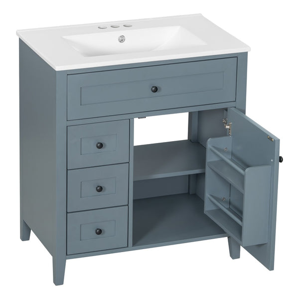 English Elm 30-Inch Freestanding Bathroom Vanity with Ceramic Sink MDF Cabinet and Rubberwood Legs Blue Gray N725P467399E