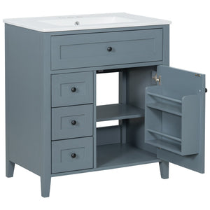 English Elm 30-Inch Freestanding Bathroom Vanity with Ceramic Sink MDF Cabinet and Rubberwood Legs Blue Gray N725P467399E