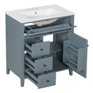 English Elm 30-Inch Freestanding Bathroom Vanity with Ceramic Sink MDF Cabinet and Rubberwood Legs Blue Gray N725P467399E