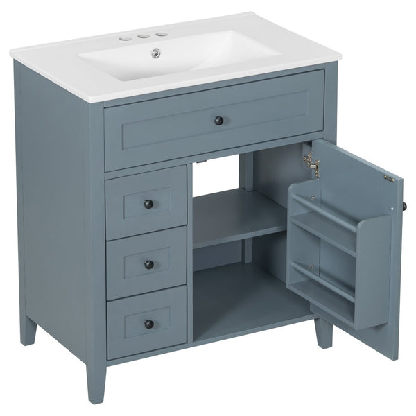 English Elm 30-Inch Freestanding Bathroom Vanity with Ceramic Sink MDF Cabinet and Rubberwood Legs Blue Gray N725P467399E