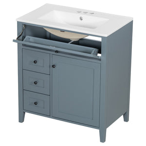 English Elm 30-Inch Freestanding Bathroom Vanity with Ceramic Sink MDF Cabinet and Rubberwood Legs Blue Gray N725P467399E