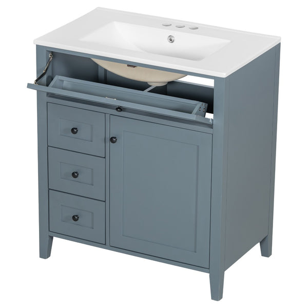 English Elm 30-Inch Freestanding Bathroom Vanity with Ceramic Sink MDF Cabinet and Rubberwood Legs Blue Gray N725P467399E