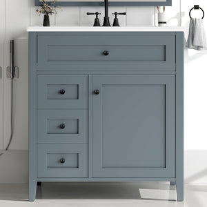 English Elm 30-Inch Freestanding Bathroom Vanity with Ceramic Sink MDF Cabinet and Rubberwood Legs Blue Gray N725P467399E