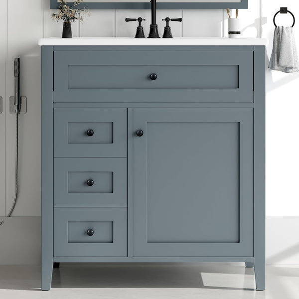 English Elm 30-Inch Freestanding Bathroom Vanity with Ceramic Sink MDF Cabinet and Rubberwood Legs Blue Gray N725P467399E