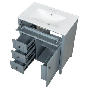 English Elm 30-Inch Freestanding Bathroom Vanity with Ceramic Sink MDF Cabinet and Rubberwood Legs Blue Gray N725P467399E